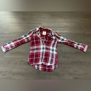 SO Burgundy Red & White Plaid Long Sleeve Flannel Button Up Shirt Size Medium
